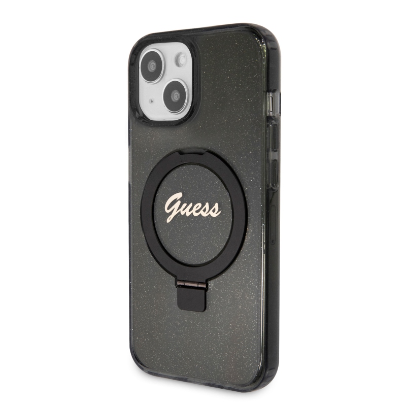 Guess IML Ring Stand Glitter MagSafe Zadný Kryt pre iPhone 15 Black