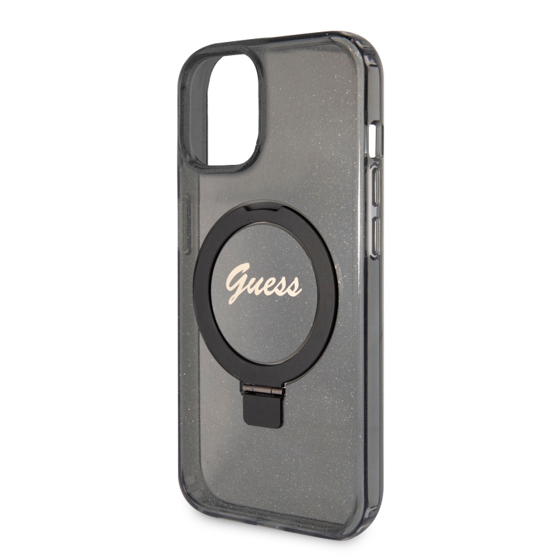 Guess IML Ring Stand Glitter MagSafe Zadný Kryt pre iPhone 15 Black