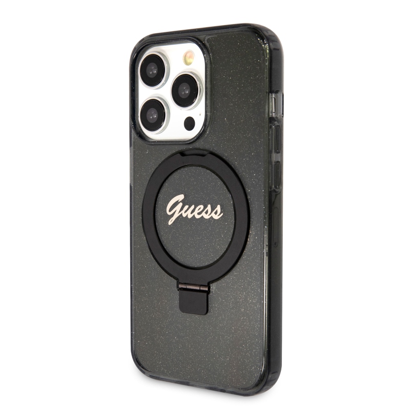 Guess IML Ring Stand Glitter MagSafe Zadný Kryt pre iPhone 15 Pro Black