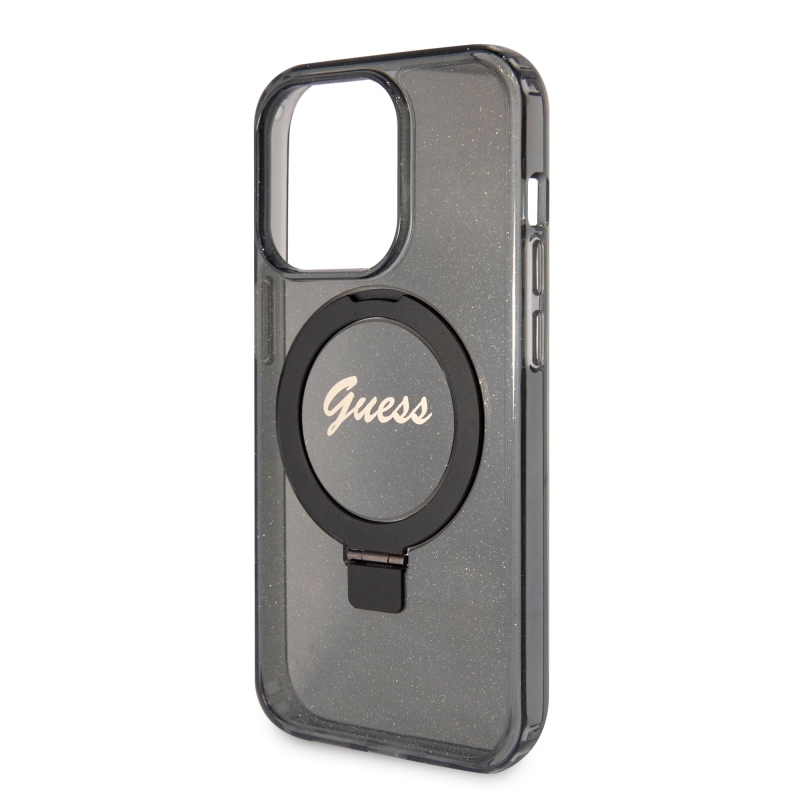 Guess IML Ring Stand Glitter MagSafe Zadný Kryt pre iPhone 15 Pro Black