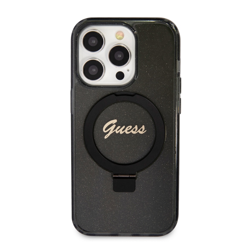 Guess IML Ring Stand Glitter MagSafe Zadný Kryt pre iPhone 15 Pro Black