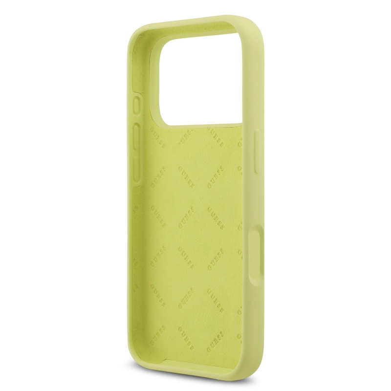 Guess Liquid Silicone 4G Metal Logo Zadný kryt pre iPhone 17 Pro Yellow