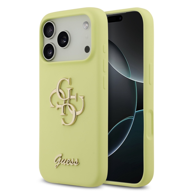 Guess Liquid Silicone 4G Metal Logo Zadný kryt pre iPhone 17 Pro Yellow