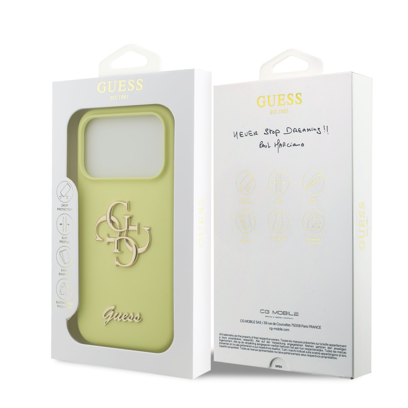 Guess Liquid Silicone 4G Metal Logo Zadný kryt pre iPhone 17 Pro Yellow
