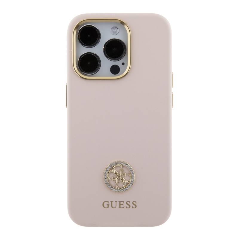 Guess Liquid Silicone 4G Strass Metal Logo Zadný Kryt pre iPhone 15 Pro Pink