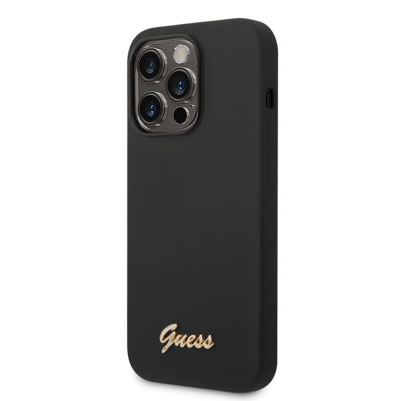 Guess liquid silikónový obal s kovovým logom na iPhone 14 Pro Max - čierny