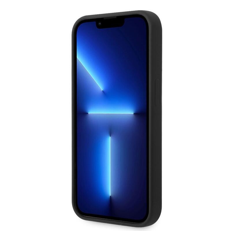 Guess liquid silikónový obal s kovovým logom na iPhone 14 Pro Max - čierny