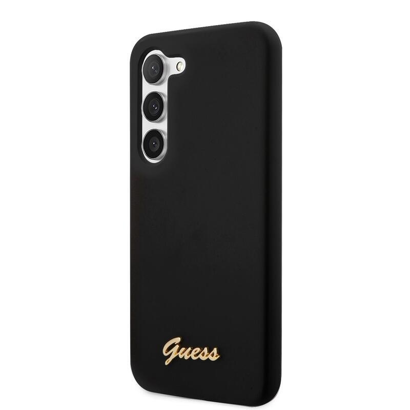 Guess liquid silikónový obal s kovovým logom na Samsung Galaxy S23 - čierny