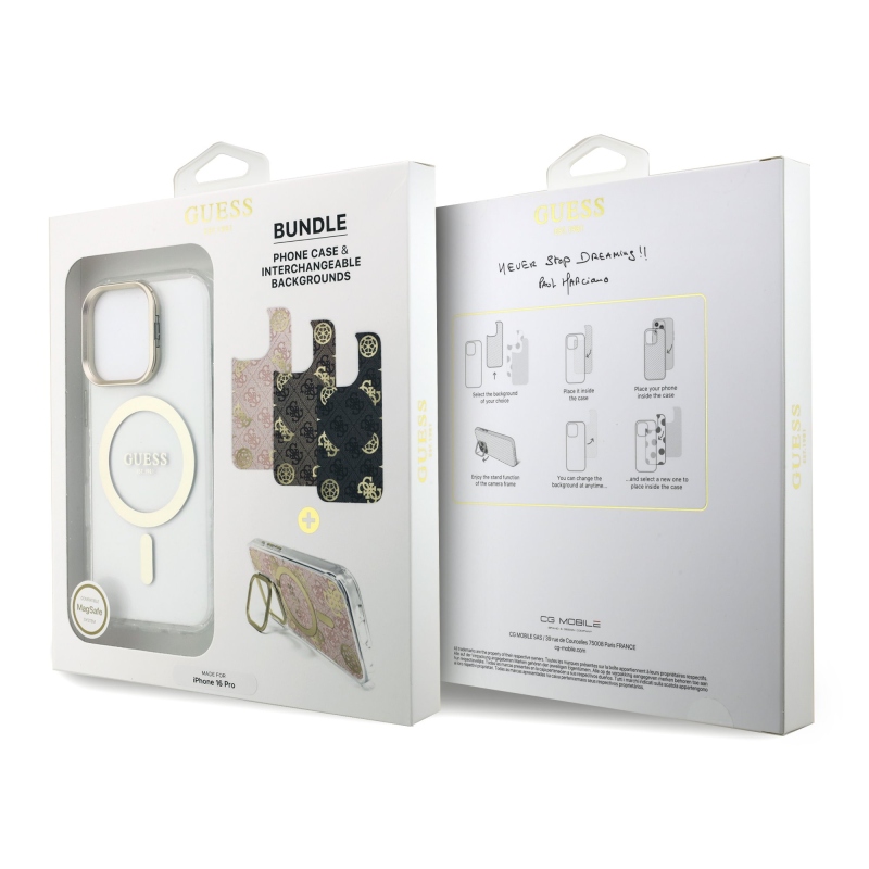 Guess PC/TPU galvanizovaný stojan Camera Frame Back Cover s odnímateľným pozadím pre iPhone 16 Pro