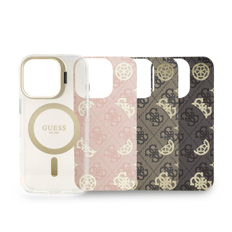 Guess PC/TPU galvanizovaný stojan Camera Frame Back Cover s odnímateľným pozadím pre iPhone 16 Pro