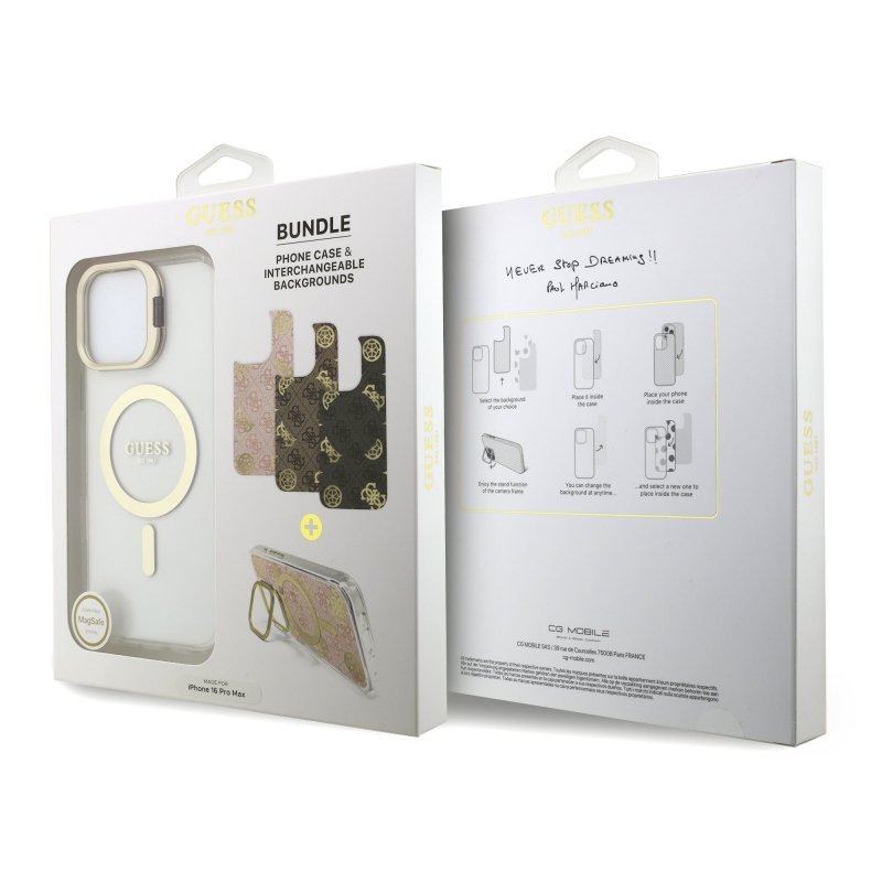 Guess PC/TPU galvanizovaný stojan Camera Frame Back Cover s odnímateľným pozadím pre iPhone 16 Pro Max