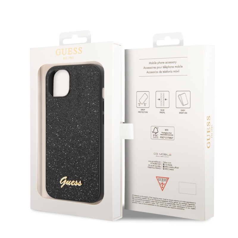 Guess PC/TPU Glitter Flakes Metal Logo Zadný Kryt pre iPhone 14 Black