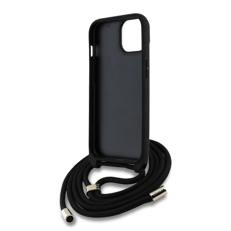 Guess PU 4G Kovové logo Crossbody Strap Zadný kryt pre iPhone 15 Brown