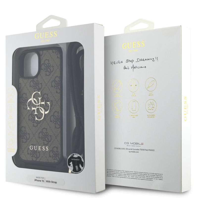 Guess PU 4G Kovové logo Crossbody Strap Zadný kryt pre iPhone 15 Brown