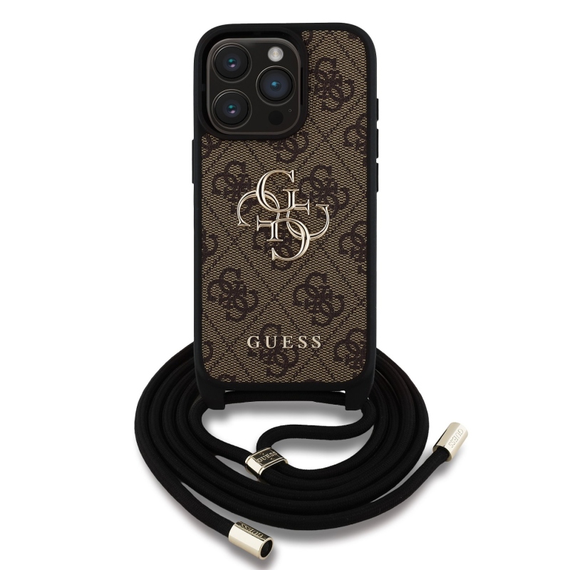 Guess PU 4G Kovové logo Crossbody Strap Zadný kryt pre iPhone 15 Pro Brown