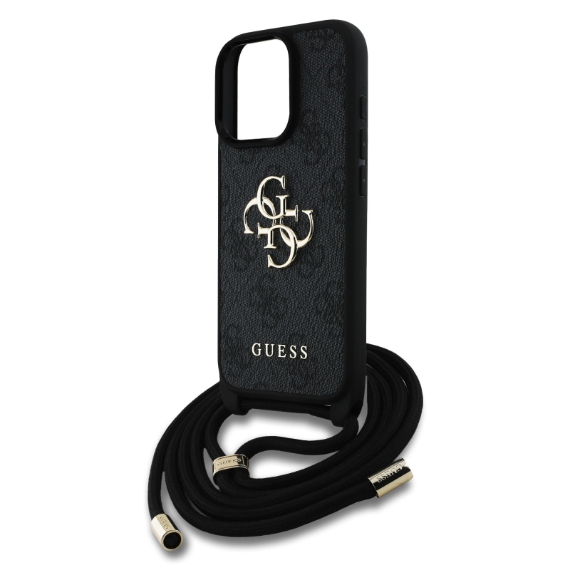 Guess PU 4G Kovové logo Crossbody Strap Zadný kryt pre iPhone 15 Pro Max Black