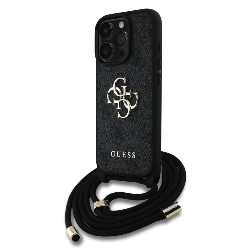 Guess PU 4G Kovové logo Crossbody Strap Zadný kryt pre iPhone 15 Pro Max Black