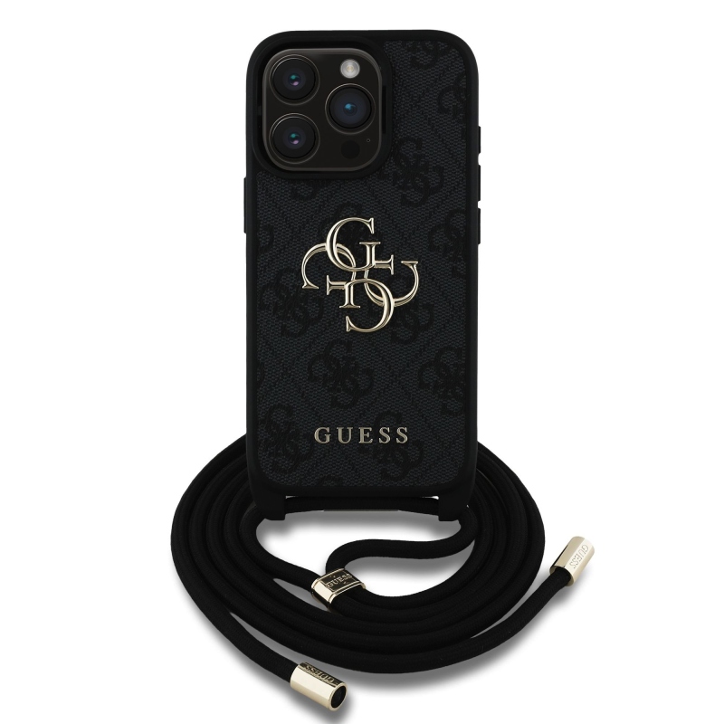 Guess PU 4G Kovové logo Crossbody Strap Zadný kryt pre iPhone 15 Pro Max Black