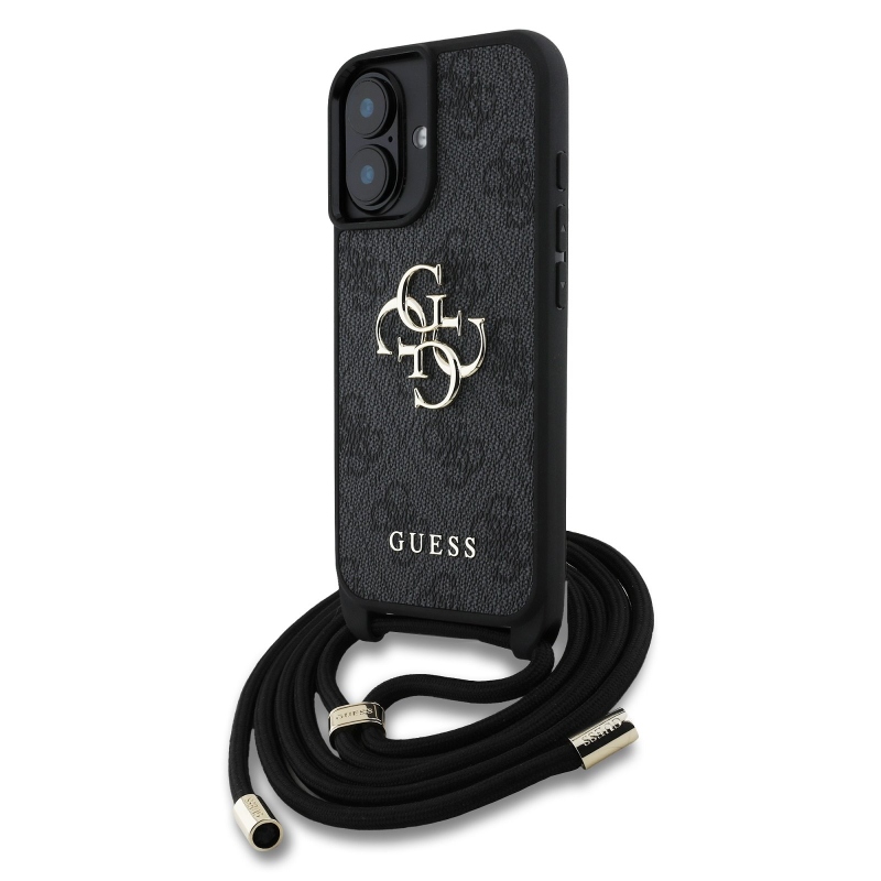 Guess PU 4G Kovové logo Crossbody Strap Zadný kryt pre iPhone 16 Black