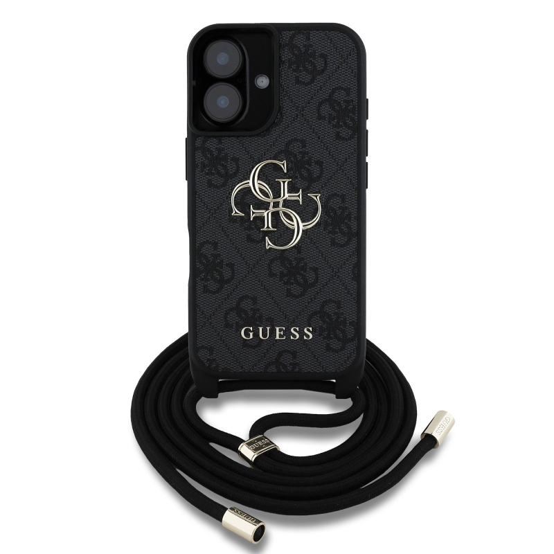 Guess PU 4G Kovové logo Crossbody Strap Zadný kryt pre iPhone 16 Black