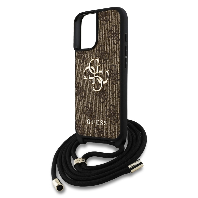 Guess PU 4G Kovové logo Crossbody Strap Zadný kryt pre iPhone 16 Brown