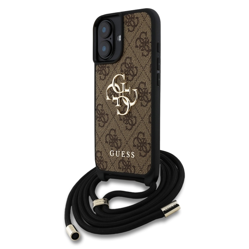 Guess PU 4G Kovové logo Crossbody Strap Zadný kryt pre iPhone 16 Brown