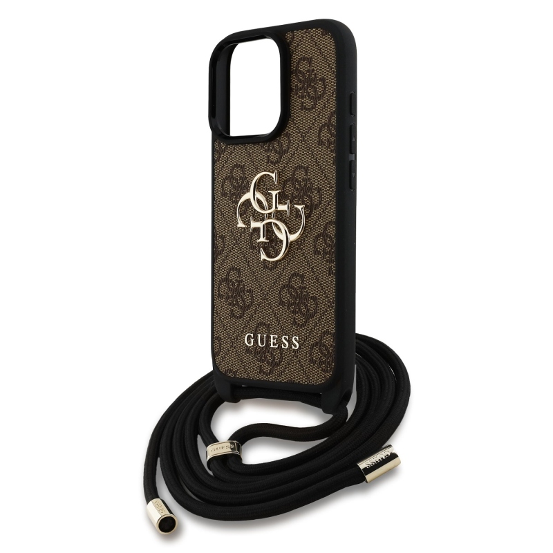 Guess PU 4G Kovové logo Crossbody Strap Zadný kryt pre iPhone 16 Pro Brown