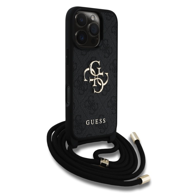 Guess PU 4G Kovové logo Crossbody Strap Zadný kryt pre iPhone 16 Pro Max Black