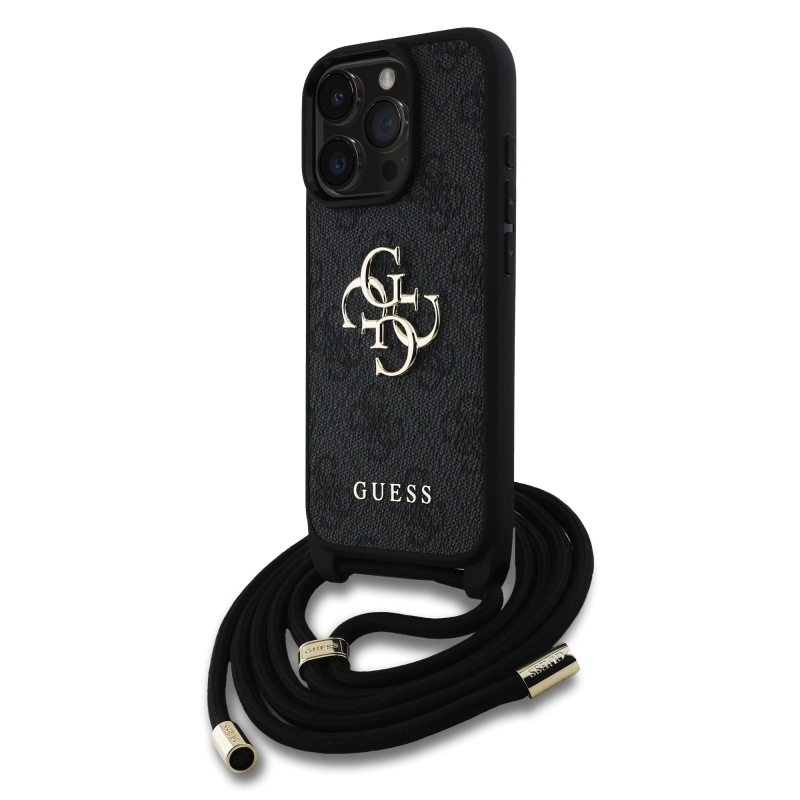 Guess PU 4G Kovové logo Crossbody Strap Zadný kryt pre iPhone 16 Pro Max Black