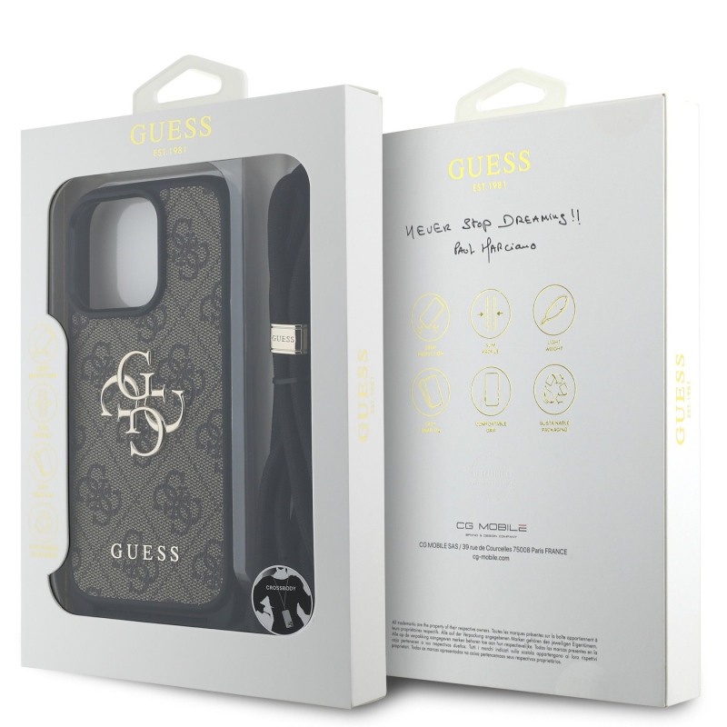 Guess PU 4G Kovové logo Crossbody Strap Zadný kryt pre iPhone 16 Pro Max Brown