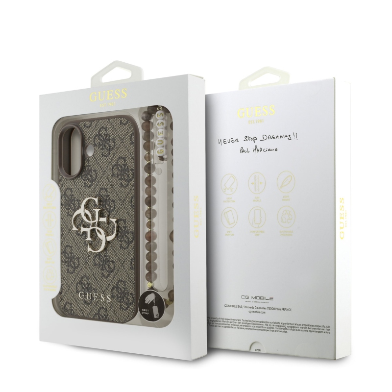 Guess PU 4G Metal Logo Strap Zadný Kryt pre iPhone 17 Brown