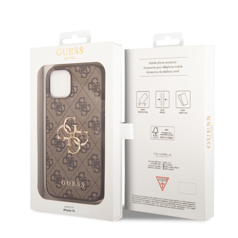 Guess PU 4G Metal Logo Zadný Kryt pre iPhone 14 Brown