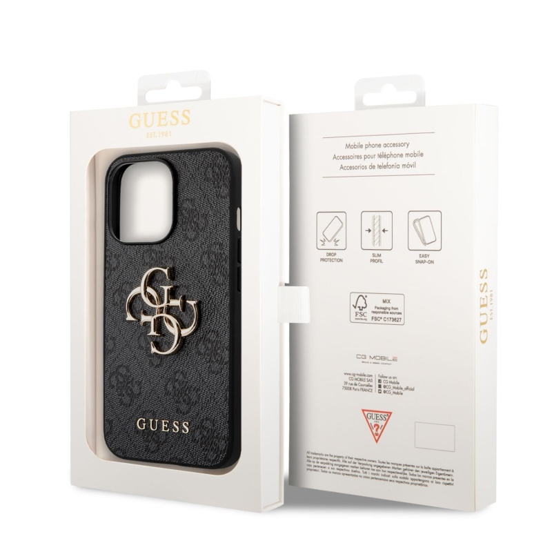 Guess PU 4G Metal Logo Zadný Kryt pre iPhone 14 Pro Grey