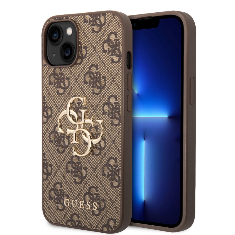 Guess PU 4G Metal Logo Zadný Kryt pre iPhone 15 Plus Brown