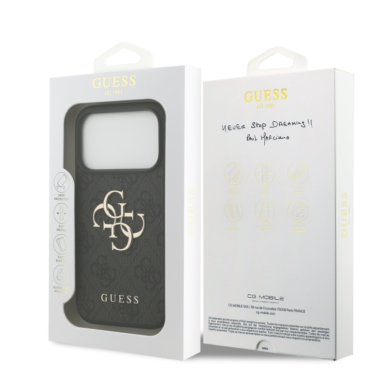 Guess PU 4G Metal Logo zadný kryt pre iPhone 18 Pro, sivý