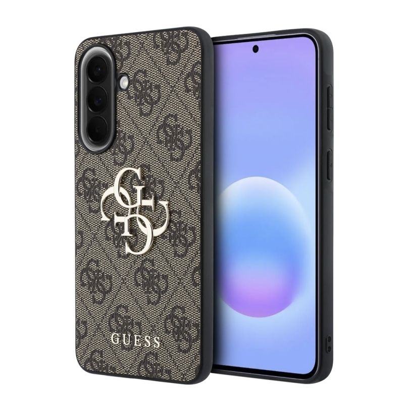Guess PU 4G Kovový zadný kryt s logom pre Samsung Galaxy A57 Brown