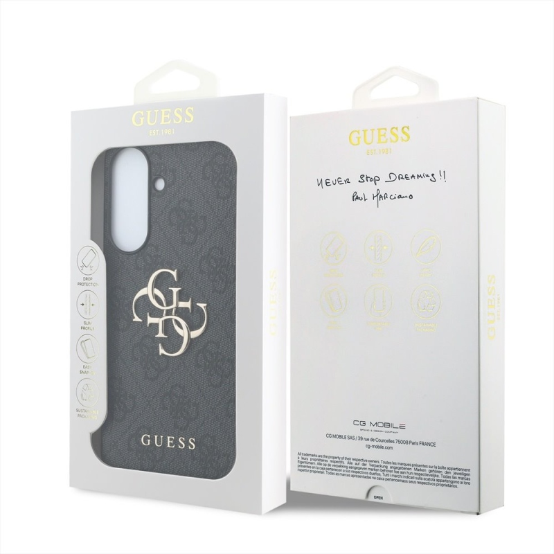 Guess PU 4G Kovový zadný kryt s logom pre Samsung Galaxy A57 Grey
