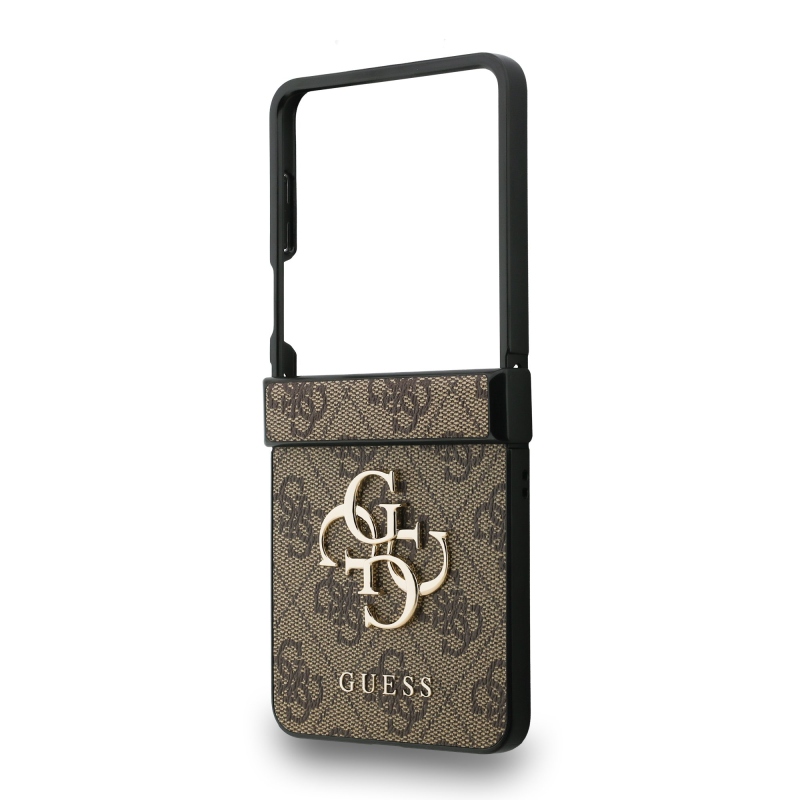 Guess PU 4G Kovový zadný kryt s logom pre Samsung Galaxy Z Flip 7 Brown