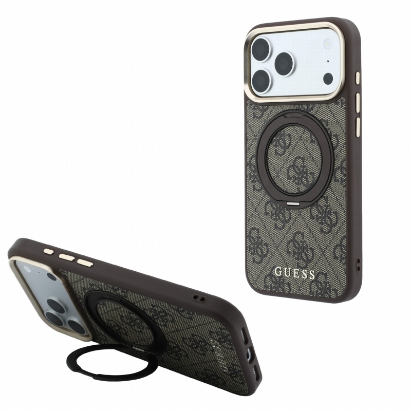 Guess PU 4G Ring Stand MagSafe zadný kryt pre iPhone 18 Pro Max, hnedý