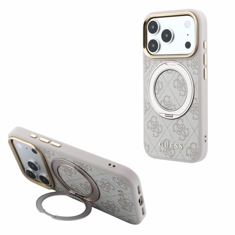 Guess PU 4G Ring Stand MagSafe zadný kryt pre iPhone 18 Pro, ružový