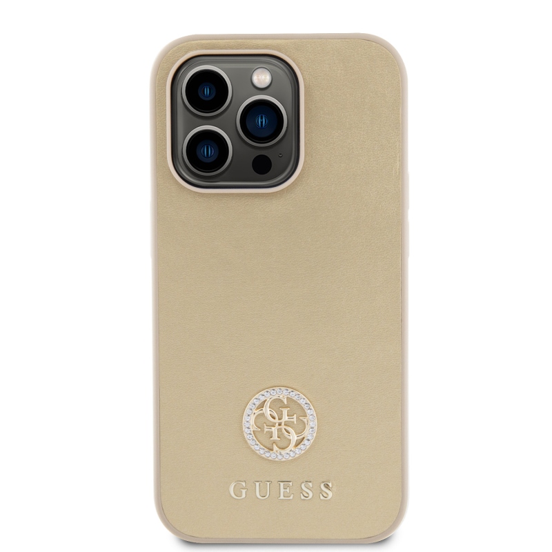 Guess PU 4G Strass Metal Logo Zadný Kryt pre iPhone 15 Pro Max Gold