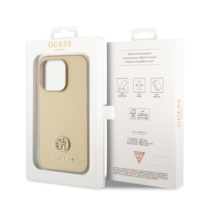 Guess PU 4G Strass Metal Logo Zadný Kryt pre iPhone 15 Pro Max Gold