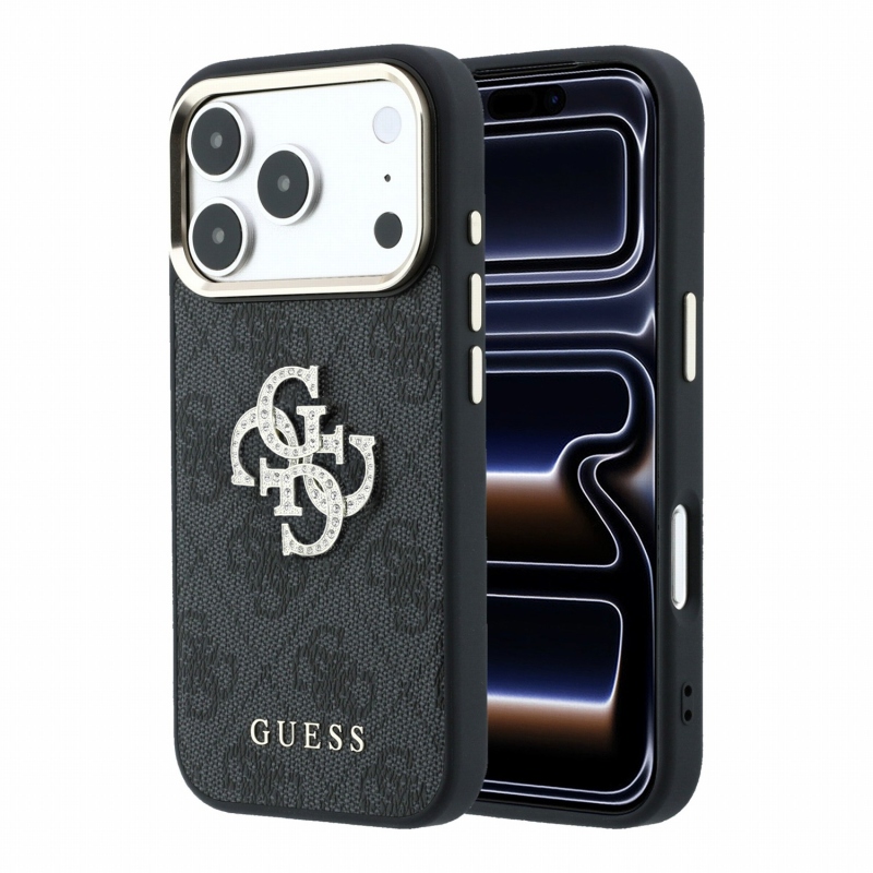 Guess PU 4G Strass Metal Logo zadný kryt pre iPhone 18 Pro, čierny