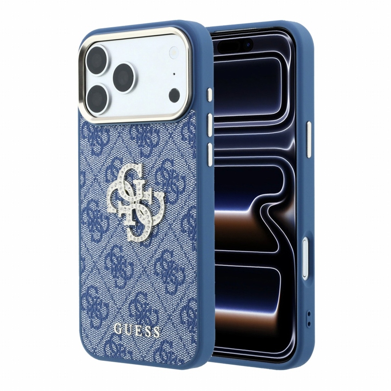 Guess PU 4G Strass Metal Logo Zadný kryt pre iPhone 18 Pro, modrý