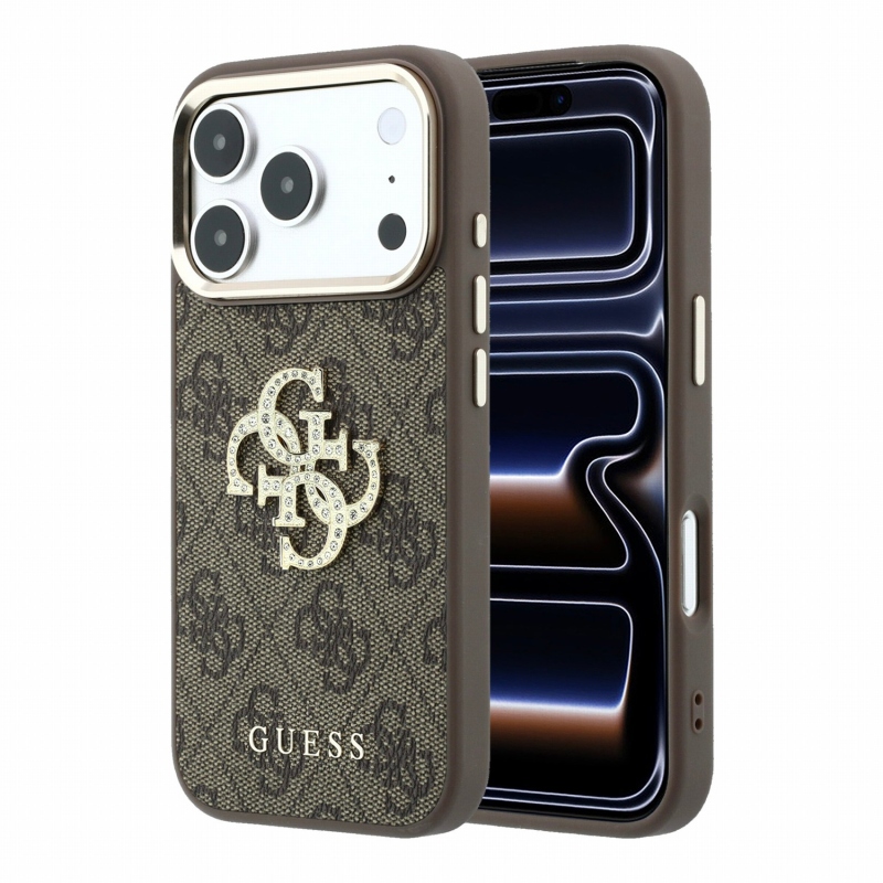 Guess PU 4G Strass Metal Logo zadný kryt pre iPhone 18 Pro, hnedý