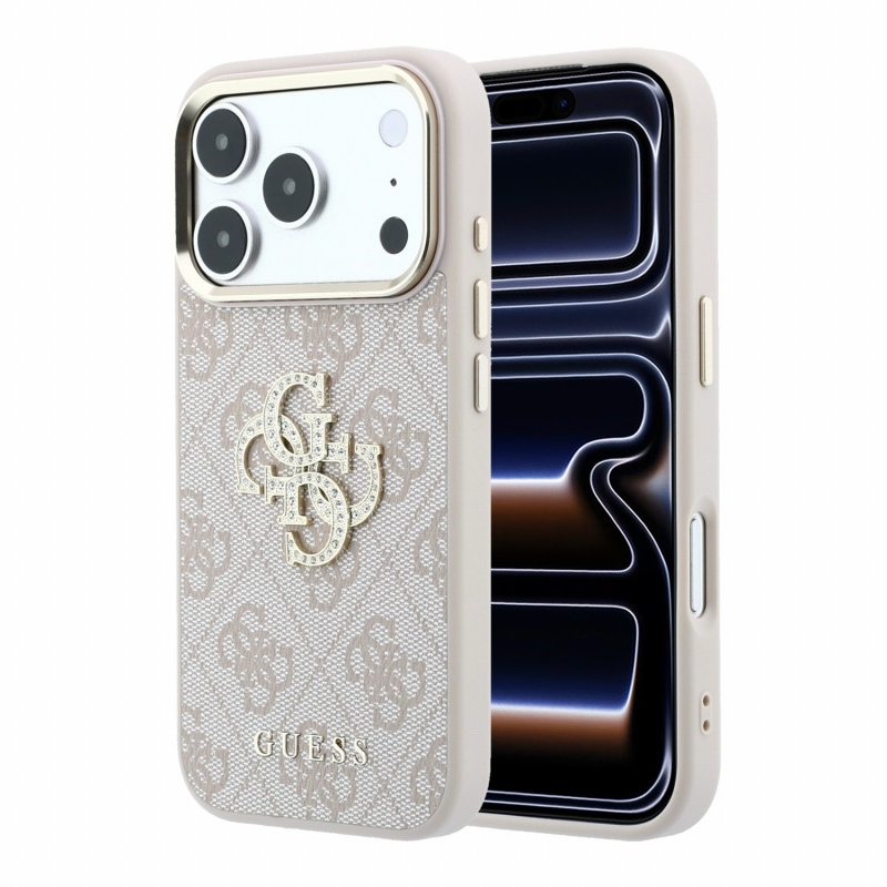Guess PU 4G Strass Metal Logo Zadný kryt pre iPhone 18 Pro ružový