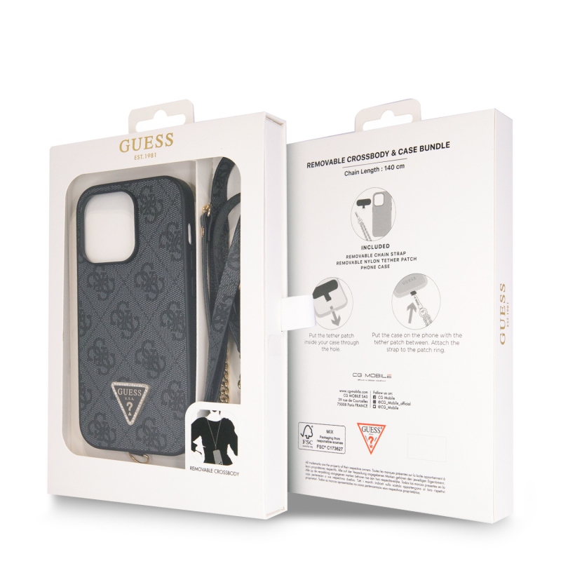 Guess PU 4G Strass Triangle Metal Logo Zadný Kryt + Crossbody Popruh pre iPhone 15 Pro Max Black