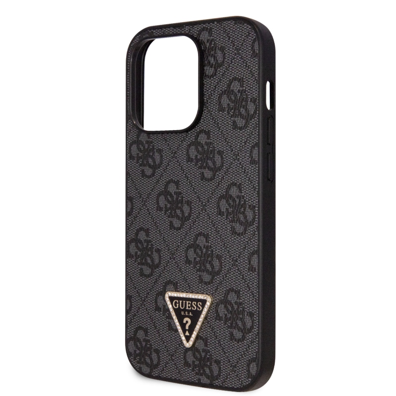 Guess PU 4G Strass Triangle Metal Logo Zadný Kryt + Crossbody Popruh pre iPhone 15 Pro Max Black