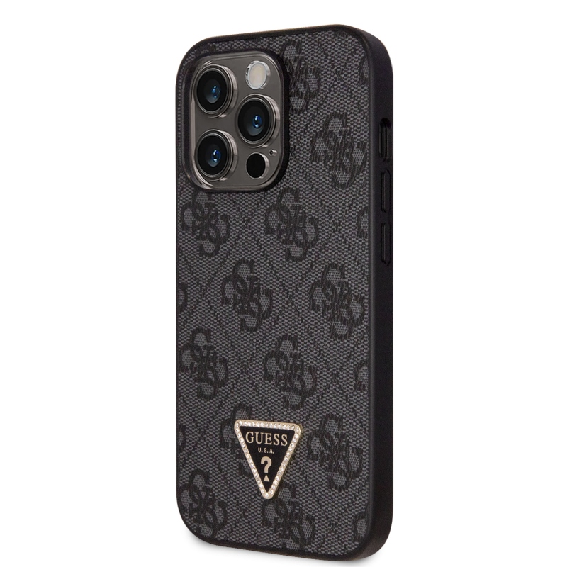 Guess PU 4G Strass Triangle Metal Logo Zadný Kryt + Crossbody Popruh pre iPhone 15 Pro Max Black