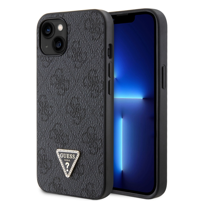 Guess PU 4G Strass Triangle Metal Logo Zadný Kryt pre iPhone 15 Black